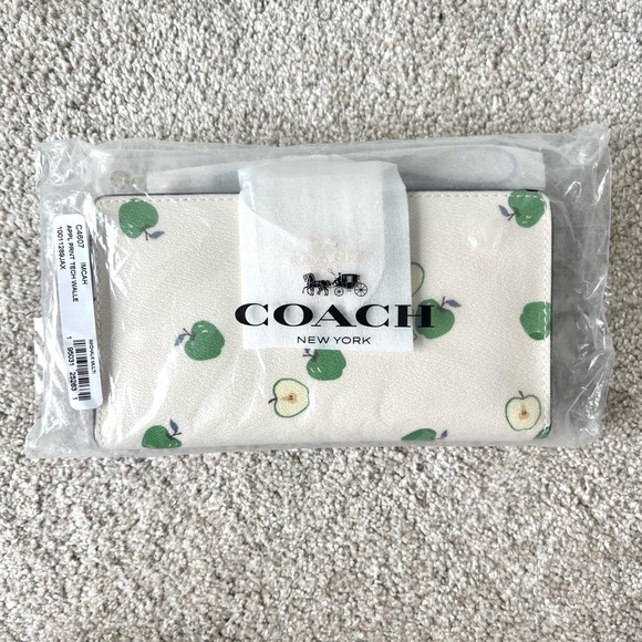 Coach Apple Print Tech Wallet Wristlet White Green Mulipocket Designer Gold - Picture 3 of 8